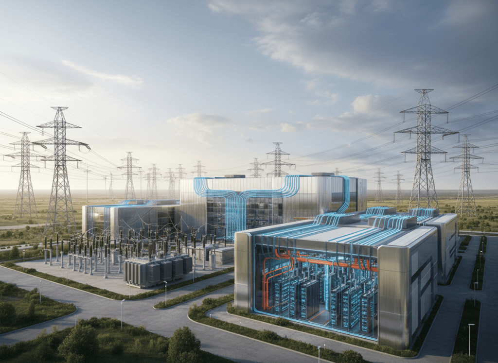 Huawei grid-interactive 800 VDC AI data center, photorealistic editorial technology image, massive modern data center connected visually to electrical grid infrastructure, DC power equipment, battery storage and AI racks, realistic engineering environment, no text, no logos, landscape news cover composition, polished realistic editorial quality