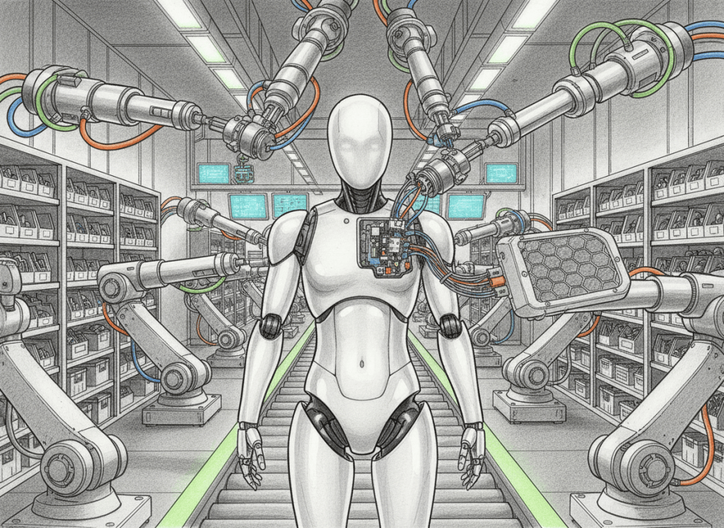 Colored-pencil editorial illustration of a humanoid robot moving through a mass-production line with actuators, sensors and inspection equipment.