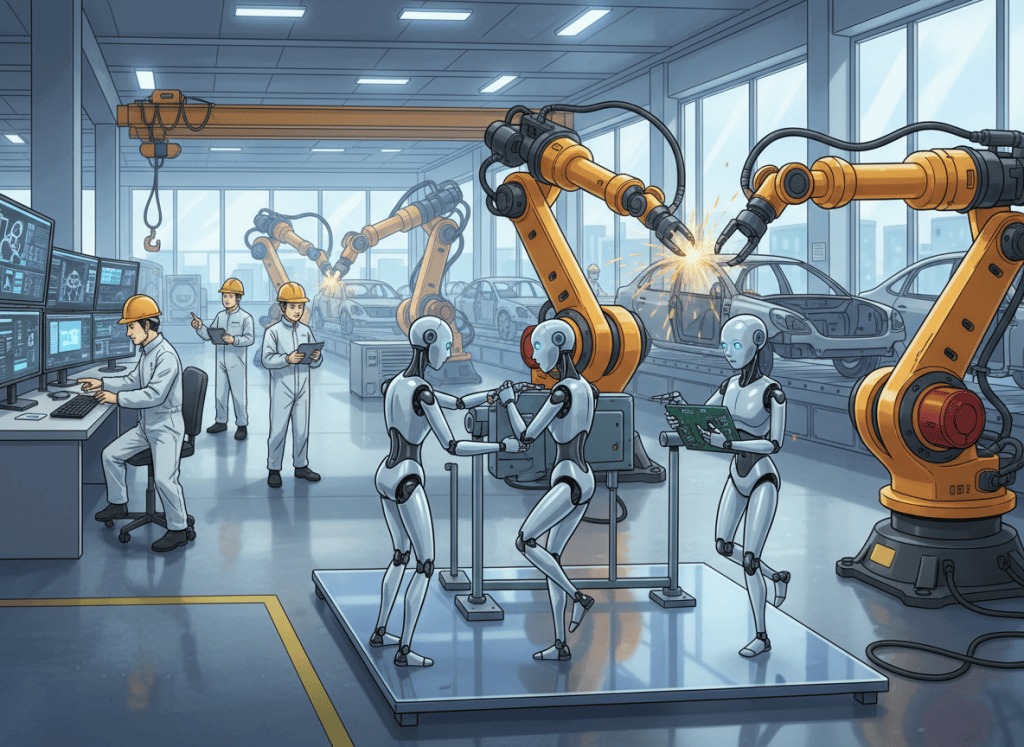 Editorial illustration of humanoid robots being tested alongside conventional industrial robots in a modern factory laboratory.