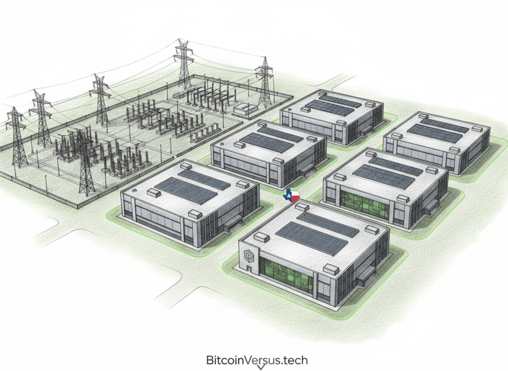 Illustration of a hyperscale Texas AI data center campus with substation and transmission infrastructure