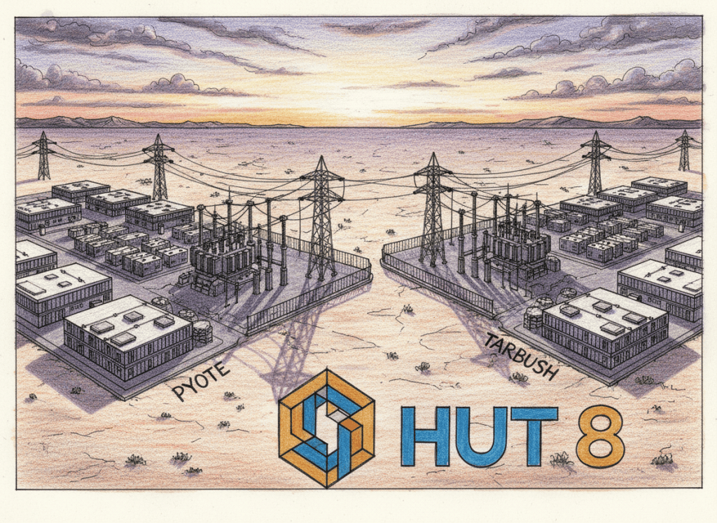 Colored-pencil illustration featuring Hut 8 branding and two West Texas mining and data-center campuses with substations and power infrastructure.