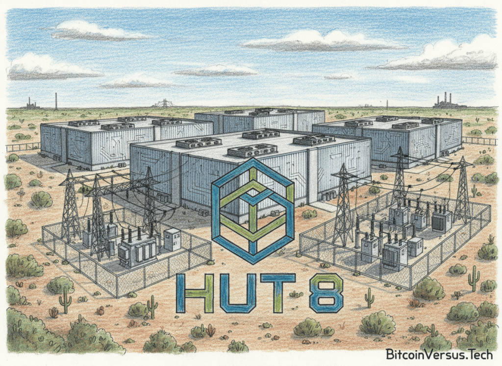 Colored-pencil illustration featuring Hut 8 branding with its Texas data-center, substation and power infrastructure.