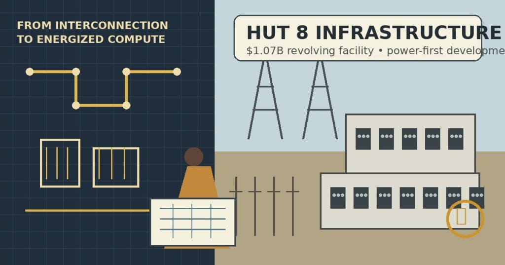 BitcoinVersus.Tech editorial illustration showing electrical interconnection plans, a substation, transmission infrastructure, Bitcoin compute buildings and a data-center campus for Hut 8's $1.07 billion revolving credit facility story.