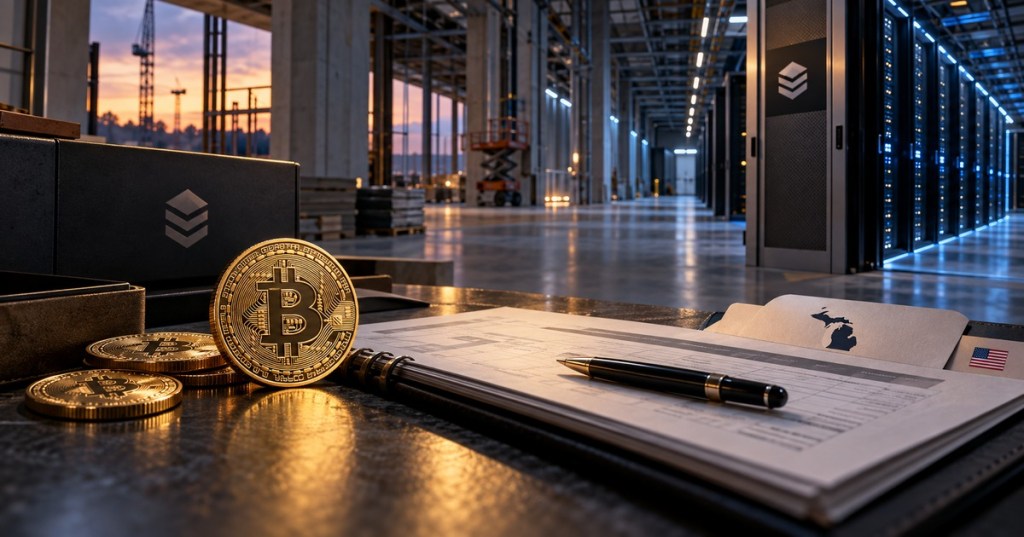 AI-generated editorial artwork pairing Bitcoin tokens and a financial ledger with an unfinished Michigan AI data-center corridor.