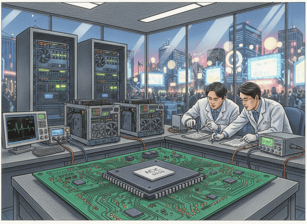 Colored-pencil illustration of engineers testing a custom ASIC chip and prototype cryptocurrency mining hardware.