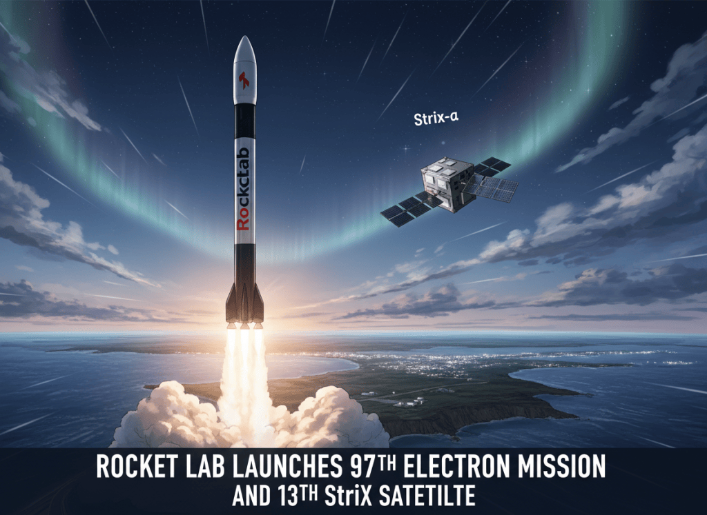 Landscape featured cover for "Rocket Lab Launches 97th Electron Mission and 13th StriX Satellite". Subject-specific realistic editorial image. Photorealistic by default; for programming/training, a grounded realistic comic or anime treatment is acceptable. Accurately depict the headline's central technology or activity. Professional news composition, realistic proportions and hardware, no generic placeholder art, no decorative text, no fake logos, no watermark.