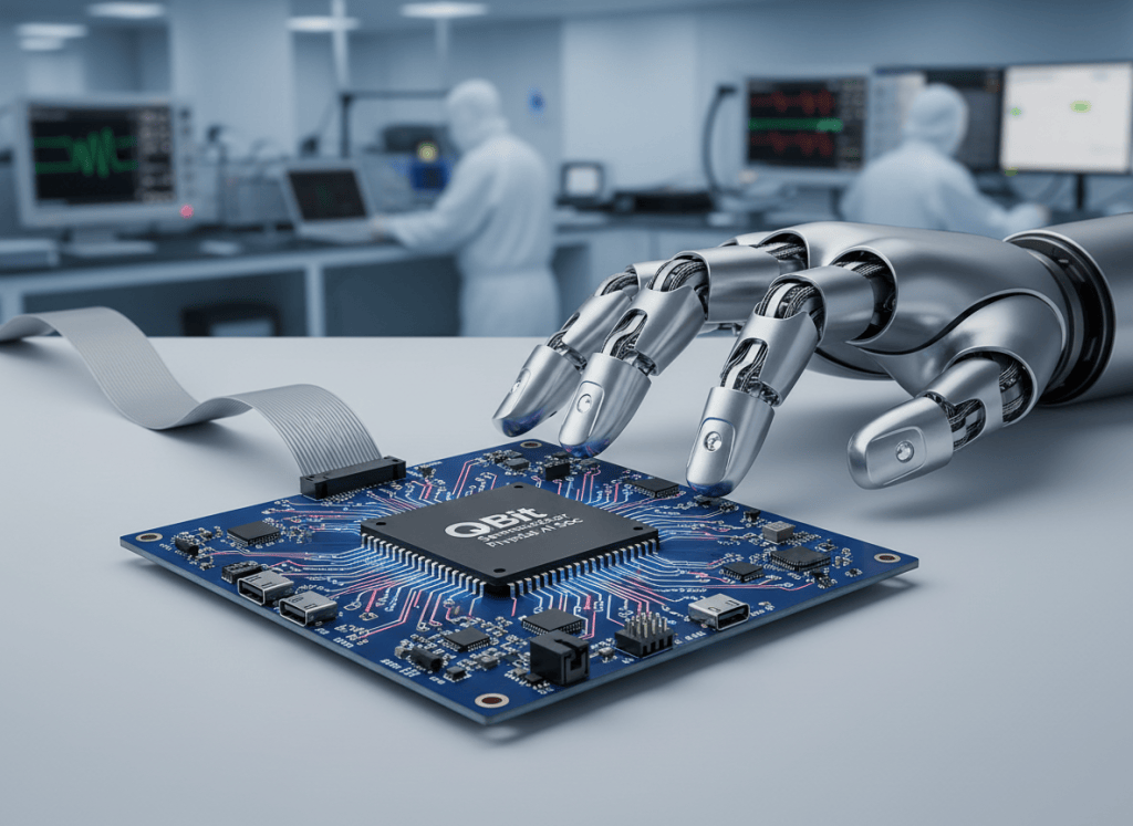 Landscape photorealistic editorial cover for a semiconductor and robotics news story about Taiwan-based QBit Semiconductor unveiling the QB88XX physical-AI robot control SoC. Show a highly detailed semiconductor chip mounted on a compact robotic-hand control board, connected to a realistic dexterous humanoid robotic hand with many articulated joints and servo motors. Visual concept should communicate a split architecture: high-level AI processing plus deterministic low-level motor control, like a robot cerebellum. Subtle Taiwan flag colors and a restrained Q-shaped circuit motif blended into the board design, no copied trademark logo, no headline text. Modern semiconductor laboratory, realistic PCB traces, CAN/USB/camera connections, professional technology-news photography, no watermark.