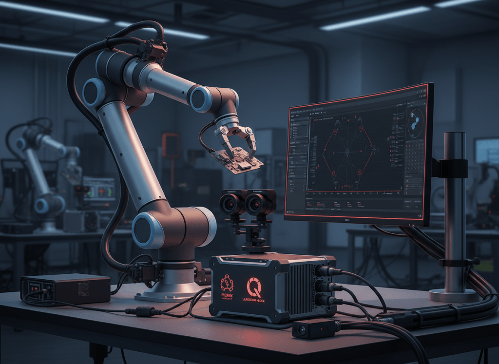 Landscape photorealistic editorial cover for a technology news story about Qualcomm agreeing to acquire PickNik Robotics and integrating open-source MoveIt robotics software with edge AI hardware. Show a realistic industrial robotic arm performing precise manipulation beside an edge-AI robotics computer, depth cameras and engineering workstation, with subtle red Qualcomm-inspired visual accents and subtle PickNik/MoveIt-inspired robotics symbolism blended naturally into equipment signage, not dominant advertising. Modern robotics laboratory, physically plausible cabling, joints and sensors, cinematic documentary lighting, realistic human-scale proportions, no headline text, no watermark.