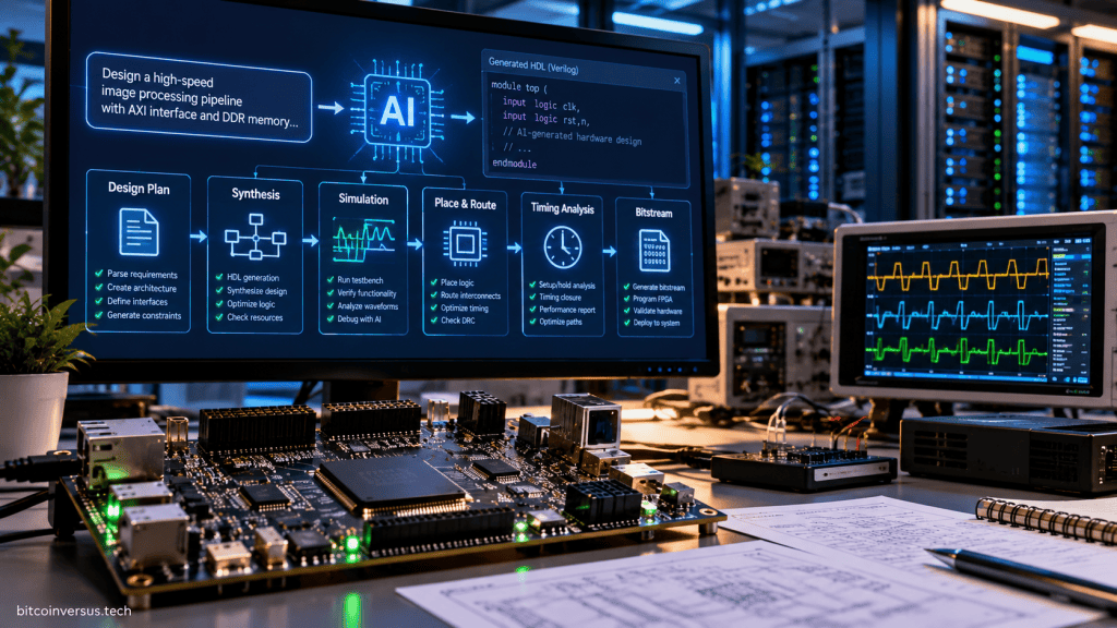Illustration of an AI-assisted FPGA engineering workflow with a programmable logic development board