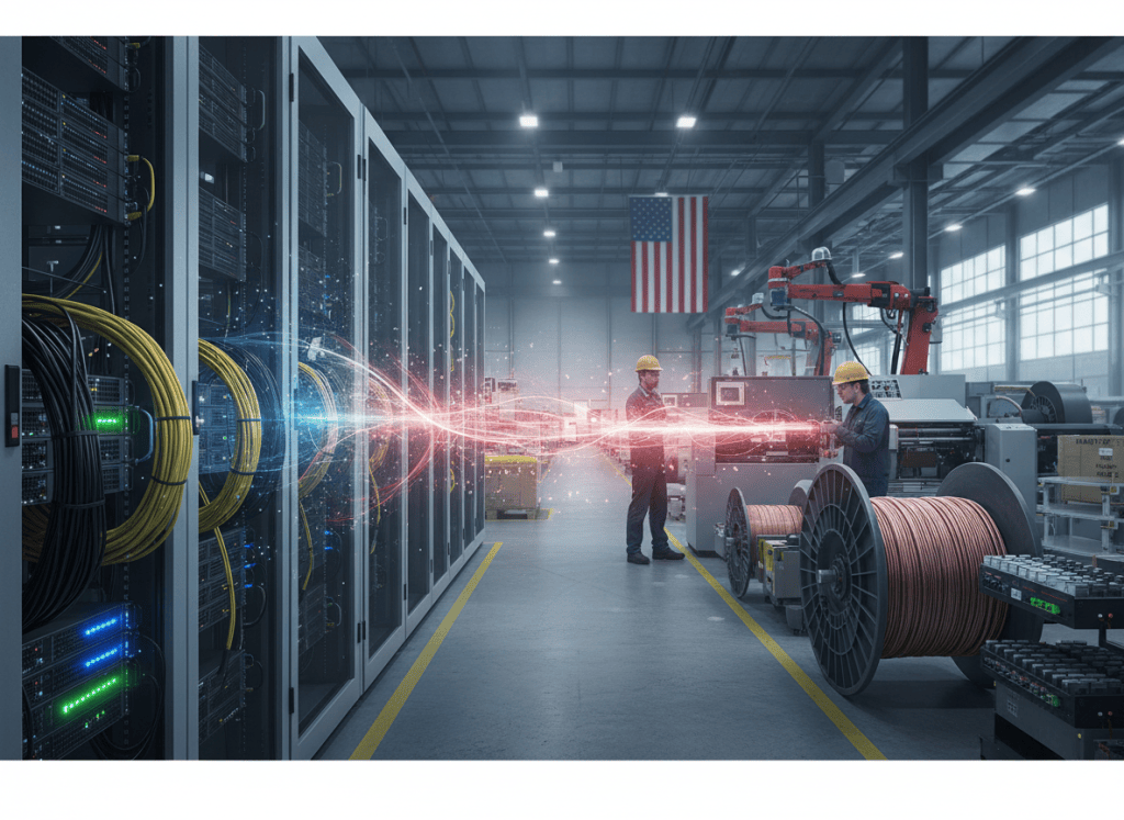 AI data center networking and U.S. copper and fiber manufacturing illustrating Leviton's $100 million capacity investment.