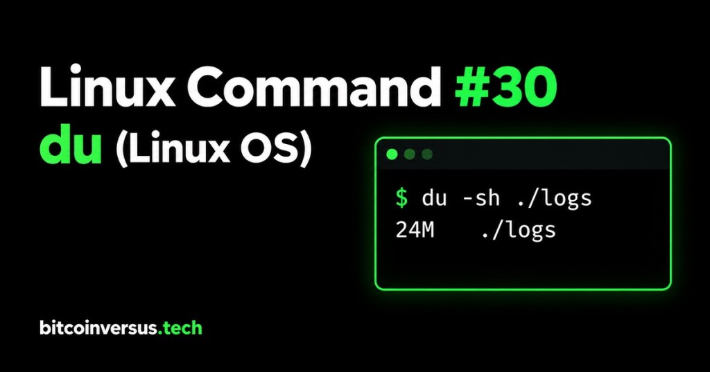 Linux Command #30 du cover, black and neon green, showing du -sh ./logs with illustrative 24M output and bitcoinversus.tech at bottom left.