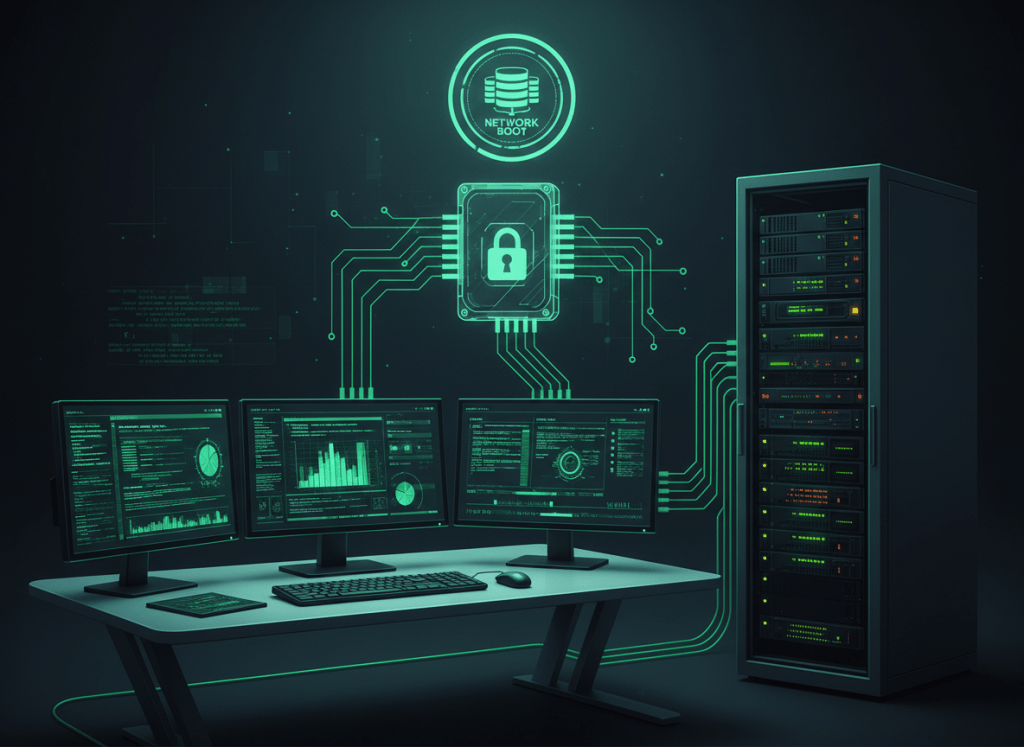Illustration of Linux disk imaging, encrypted storage and network booting between a workstation and server.