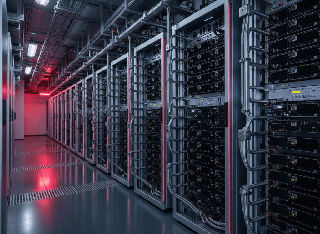 High-density AI data center with liquid cooling and rack power infrastructure illustrating LITEON's planned investment in DCX Liquid Cooling Systems.