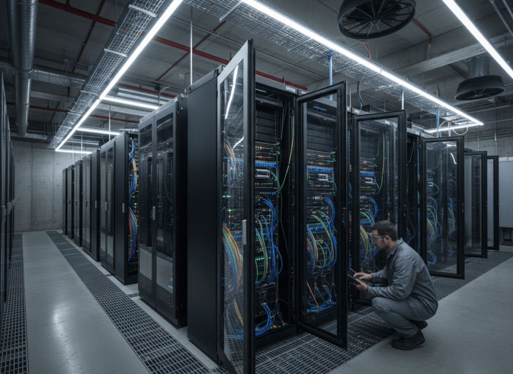 Dense AI compute racks and power infrastructure representing a Bitcoin mining infrastructure company expanding into AI