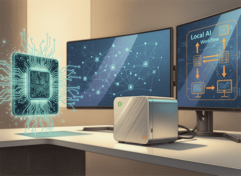 Colored-pencil editorial illustration of a compact desktop computer, advanced processor and local AI workflow graphics.