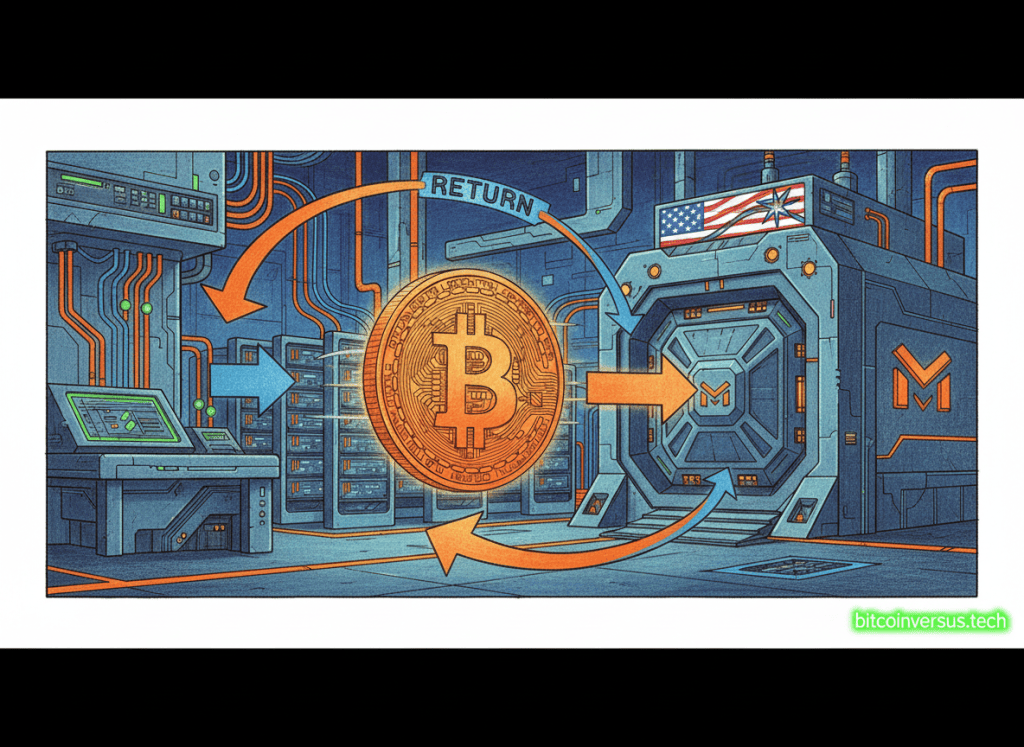 Illustration of Bitcoin returning from an institutional lending arrangement to a Bitcoin mining company treasury