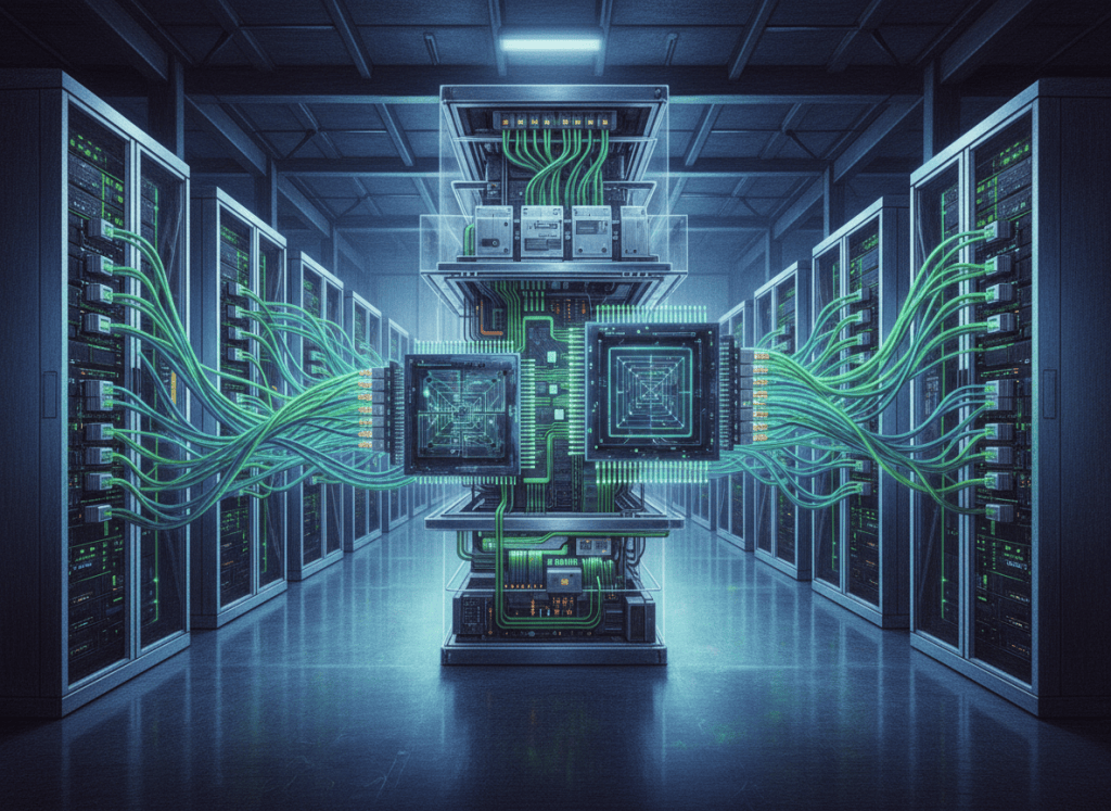 AI data center racks connected by high-speed fiber optics and silicon photonics networking
