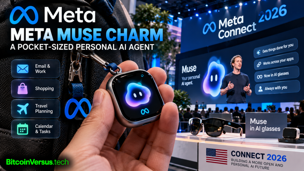 Meta Muse Charm pocket-sized personal AI agent at Meta Connect 2026 with AI glasses and task icons