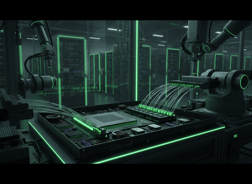 Illustration of co-packaged optics Ethernet switches being manufactured for AI data center networking.