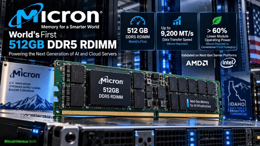 Micron 512GB DDR5 RDIMM in a data center, highlighting 9,200 MT/s and lower module operating power