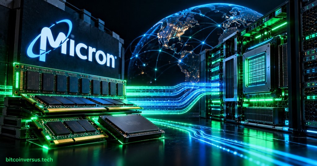Original BitcoinVersus.Tech illustration of Micron memory modules feeding data into AI server racks with neon green and blue data streams.