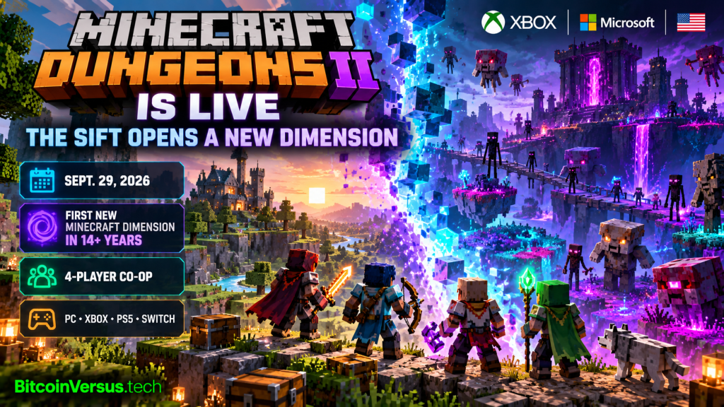 Minecraft Dungeons II heroes facing a glowing portal into the Sift, Minecraft's first new dimension in more than 14 years