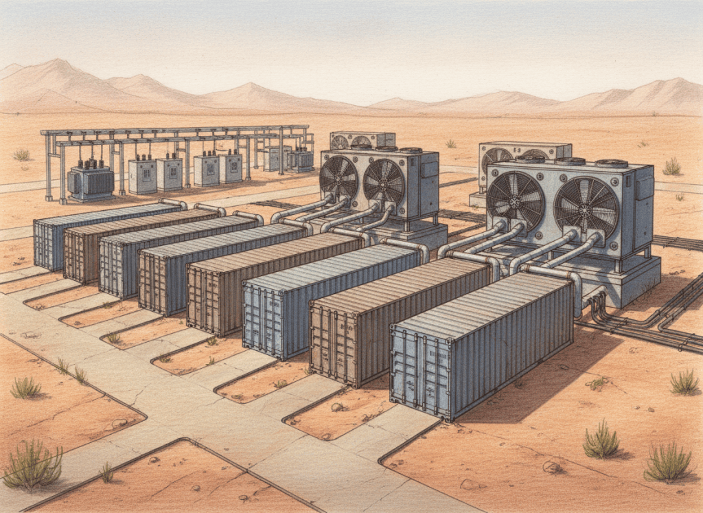 Illustration of a 31.68 MW hydro-cooled Bitcoin mining facility with twelve 40-foot mining containers in Monterrey, Mexico.