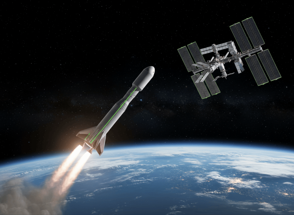 Illustration of a crew spacecraft launching toward the International Space Station above Earth.
