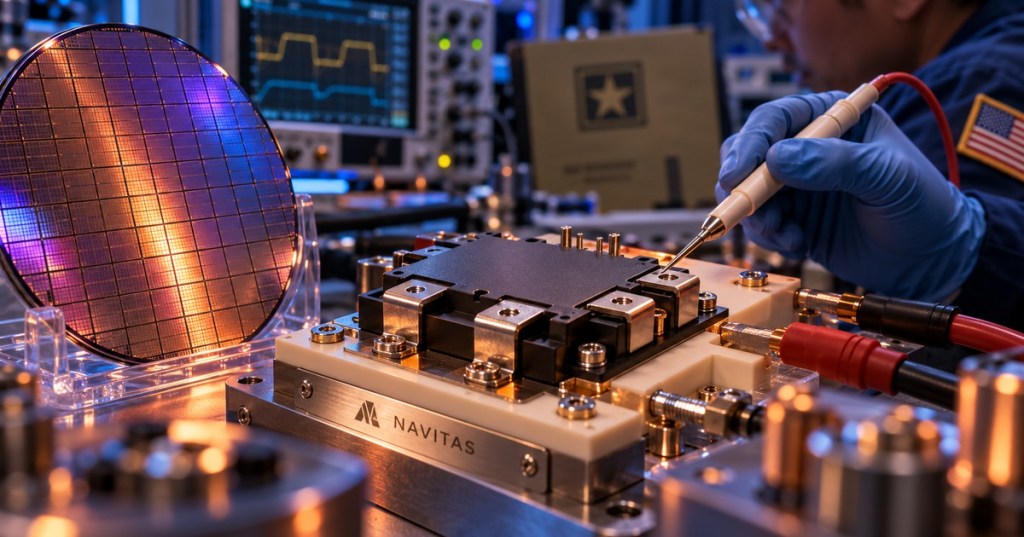 AI-generated conceptual laboratory scene with a power semiconductor test fixture, wafer, Navitas branding and a small US flag.