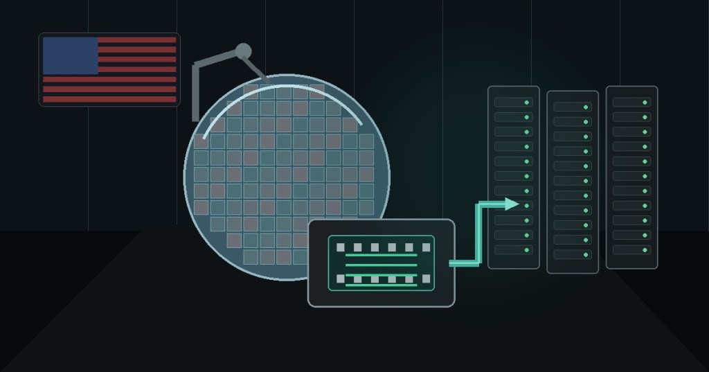 A 200 mm semiconductor wafer and GaN power device inside a U.S. chip fab with AI data-center power infrastructure in the background.