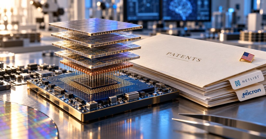 Conceptual stacked memory dies beside patent folders with Netlist and Micron labels and a small U.S. flag.