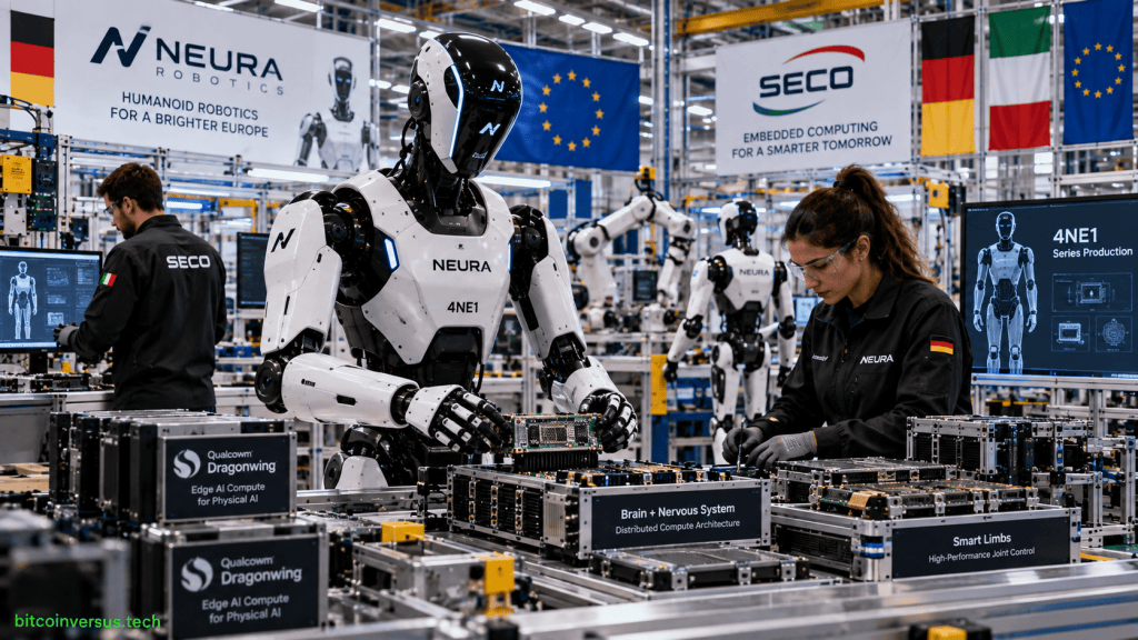 Editorial illustration of NEURA 4NE1 humanoid robot production with SECO and Qualcomm edge computing, incorporating German, Italian and European Union visual identifiers