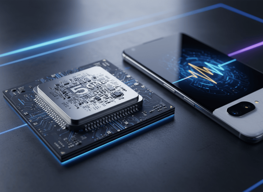 next generation Snapdragon mobile processor with 5 GHz CPU and on-device AI, photorealistic macro editorial image of advanced smartphone system-on-chip on circuit board beside premium mobile device, realistic semiconductor details, no logos, no text, landscape news cover composition, polished realistic editorial quality