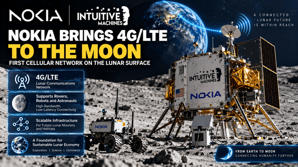 Nokia and Intuitive Machines lunar 4G LTE network with lander and rover on the Moon