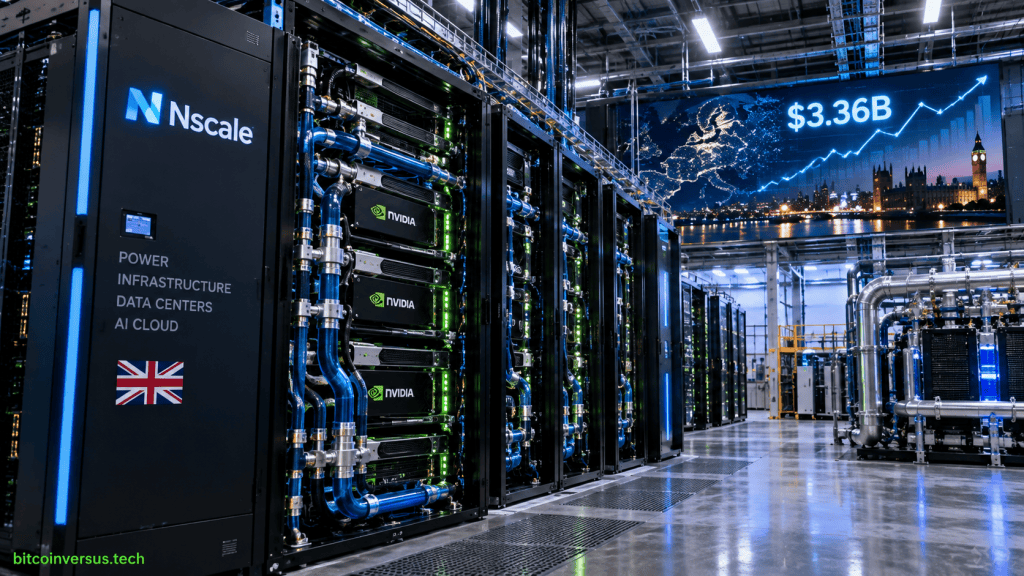Editorial illustration of a liquid-cooled Nscale AI data center with subtle Nscale, NVIDIA, United Kingdom and London visual identifiers