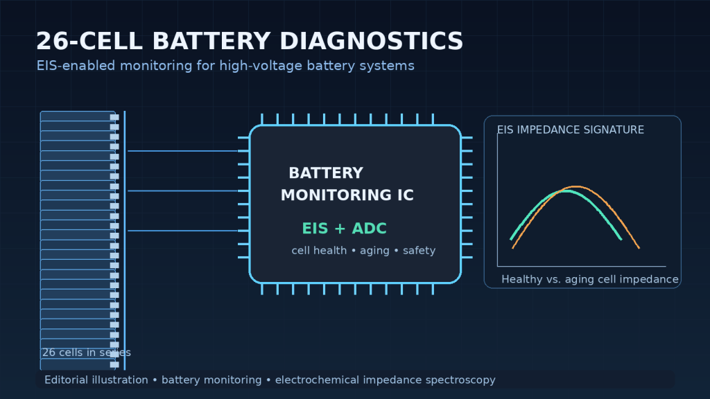 Editorial illustration of a 26-cell battery stack connected to a battery monitoring IC with electrochemical impedance spectroscopy diagnostics.
