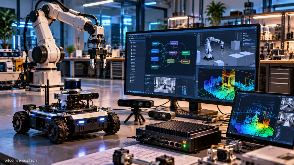 Illustration of an AI robotics development lab with robot arms, mobile robots, edge computers and perception software