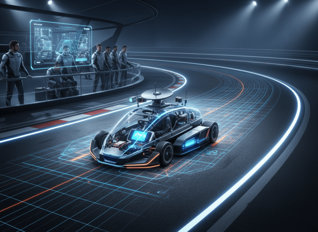 Autonomous electric racing kart using sensors and onboard computing on a racetrack.