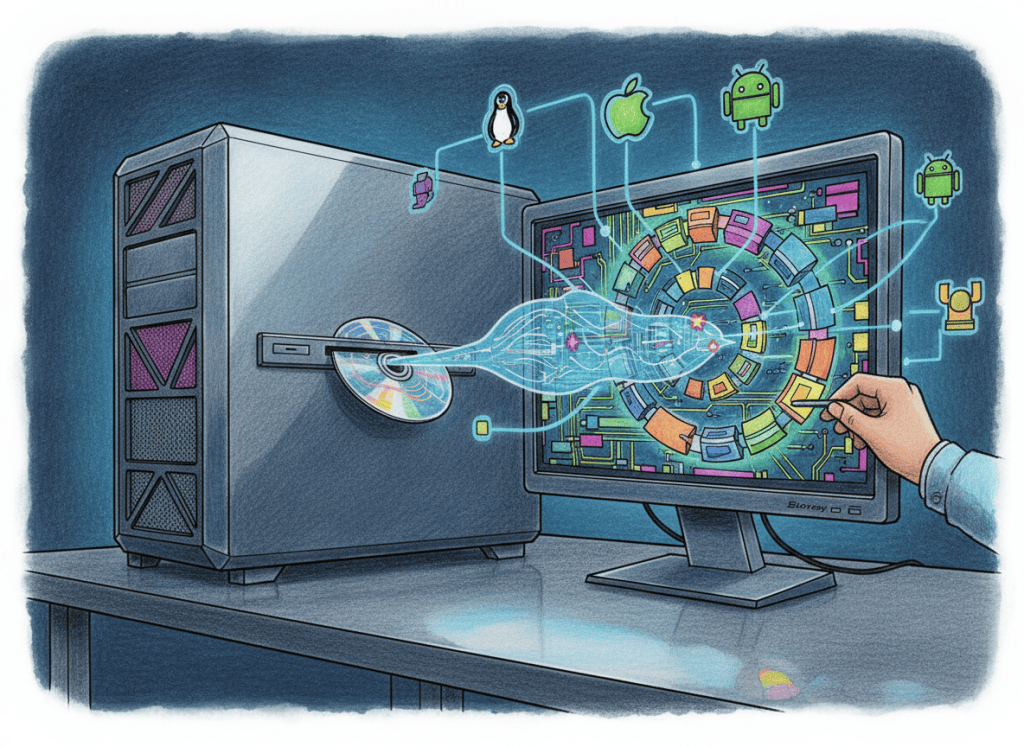 Editorial illustration of a PC emulator reading a physical game disc directly from a Blu-ray drive.