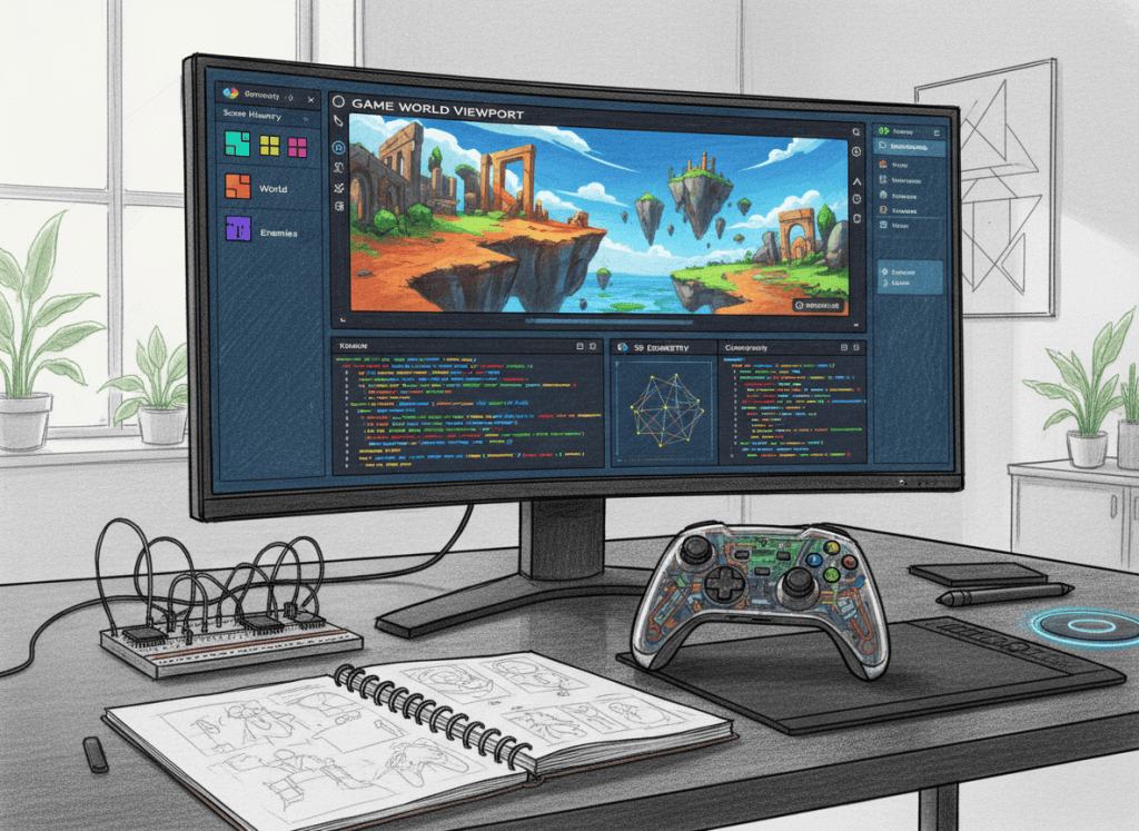 Colored-pencil technical illustration of an open-source game development workstation with 2D and 3D editor views.