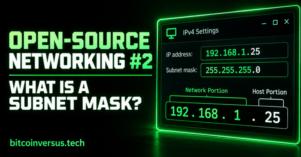 Black and neon-green networking lesson cover showing an IPv4 address, 255.255.255.0 subnet mask, and network versus host portions