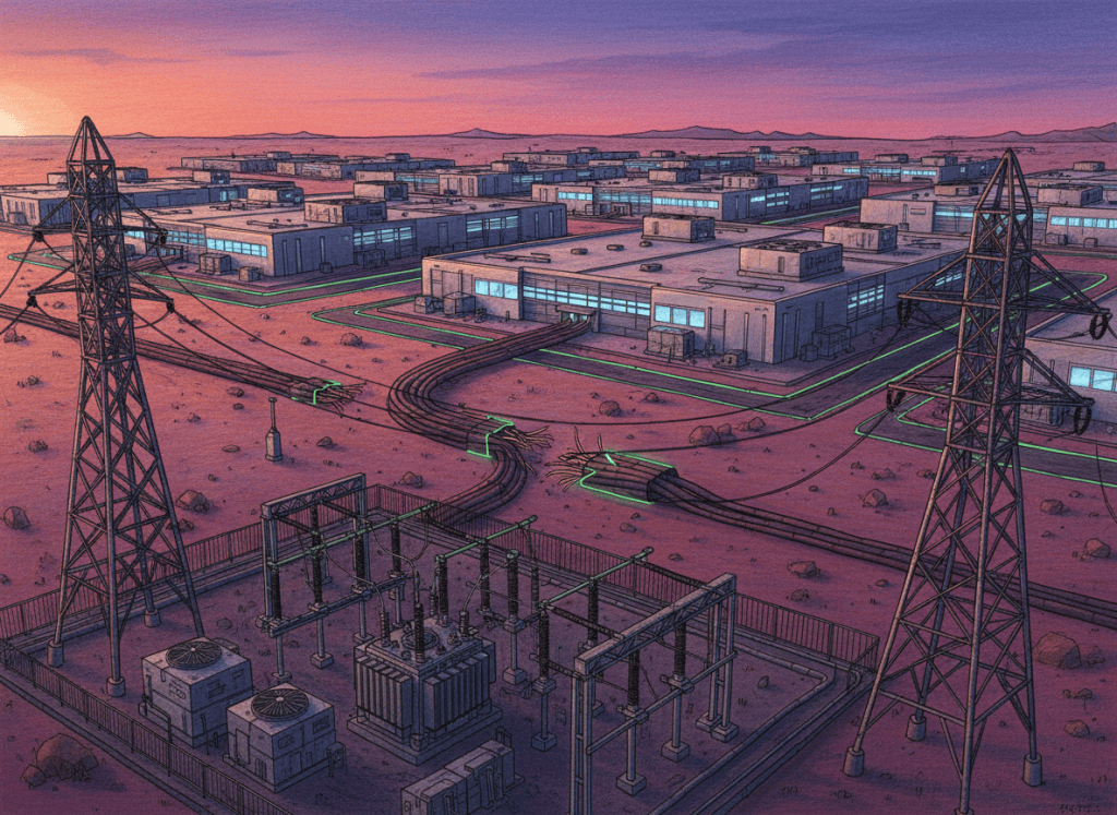 Large AI data center campus in New Mexico with electrical substation and power infrastructure
