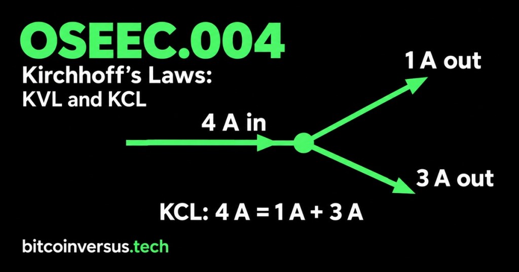 Current junction illustrating Kirchhoff’s Current Law: 4 amperes enter and split into 1 ampere and 3 amperes leaving. OSEEC.004, black and neon-green cover.