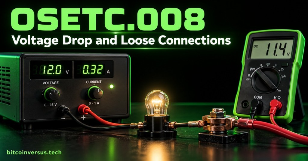 Illustrated low-voltage training supply, lamp and multimeter with neon green OSETC.008 title and bitcoinversus.tech branding.