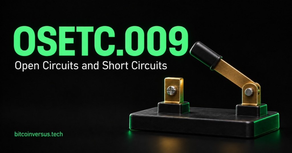 Minimal open training switch illustrating an interrupted current path, with OSETC.009 title and bitcoinversus.tech branding.