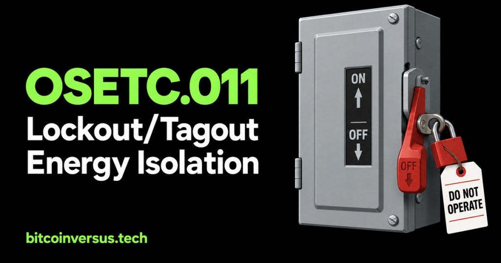 A closed electrical disconnect locked in the OFF position with a warning tag, on a black and neon-green OSETC.011 lesson cover.