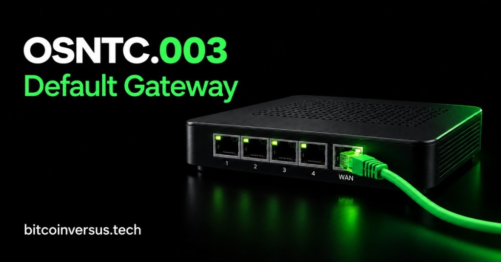 Open-Source Networking Technician Certification OSNTC.003: Default Gateway, black and neon-green cover with bitcoinversus.tech tag.