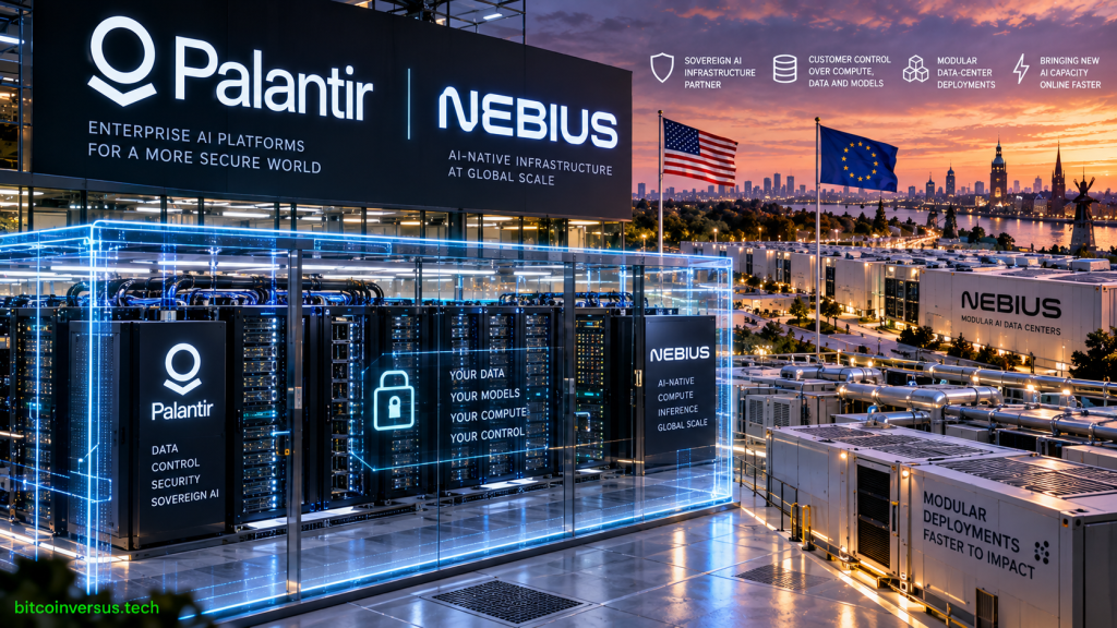 Editorial illustration of Palantir and Nebius sovereign AI infrastructure with secure server racks, modular data centers and U.S. and European symbols