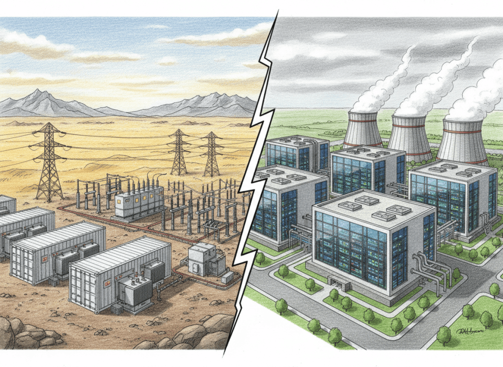 Colored-pencil illustration of Bitcoin mining infrastructure contrasted with an AI data center campus.