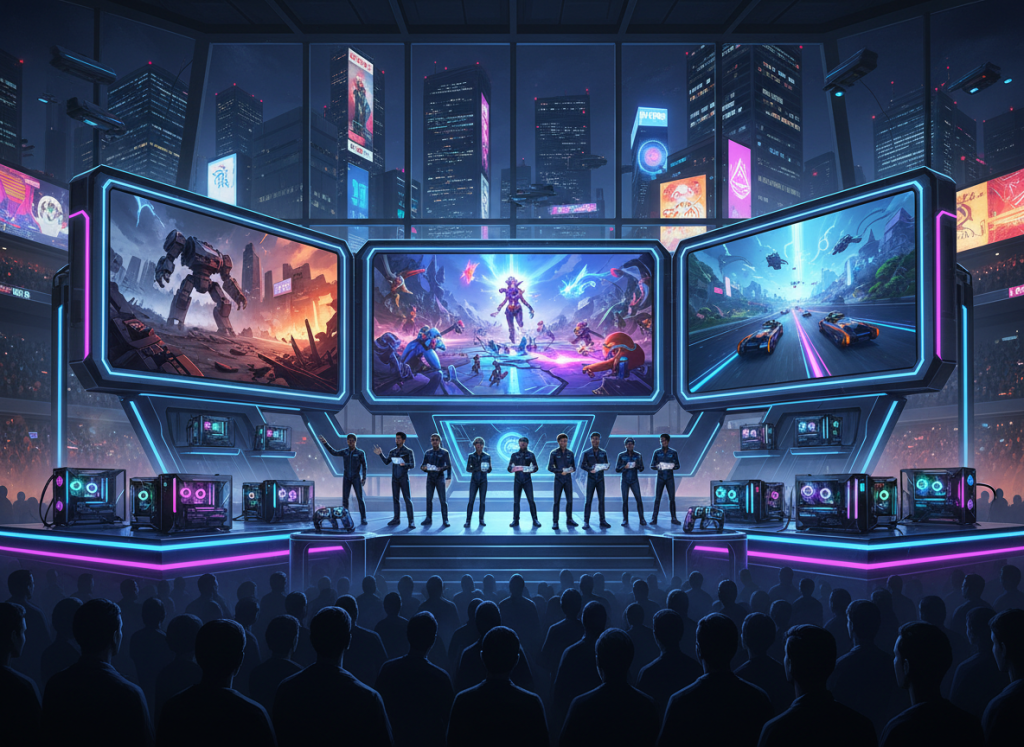 Illustration of a PC gaming showcase in Tokyo with game screens and developer presentation displays.
